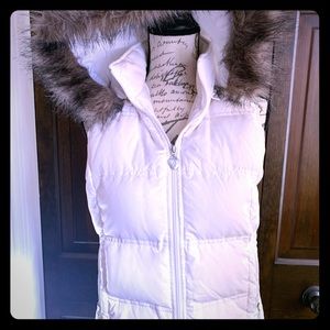 White puffer vest with fur hood